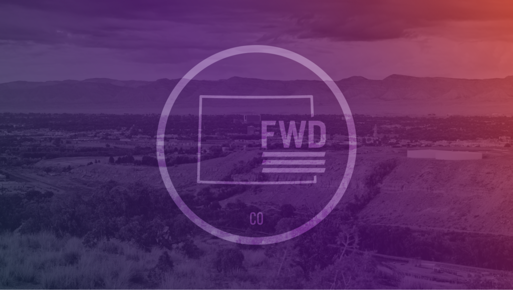 A card header aerial view of Grand Junction Colorado with a red, purple, and navy gradient overlaid on top.